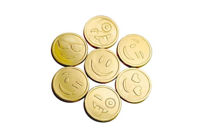 Шоколадные монеты 6г «Смайлики» молочный шоколад в золотой фольге, в коробках по 500 штук