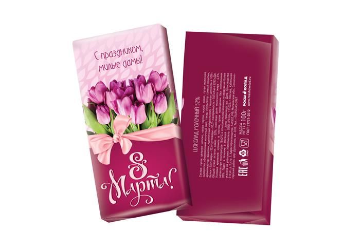 Шоколад к 8 марта "Тюльпаны" в бумажной упаковке 50х100г